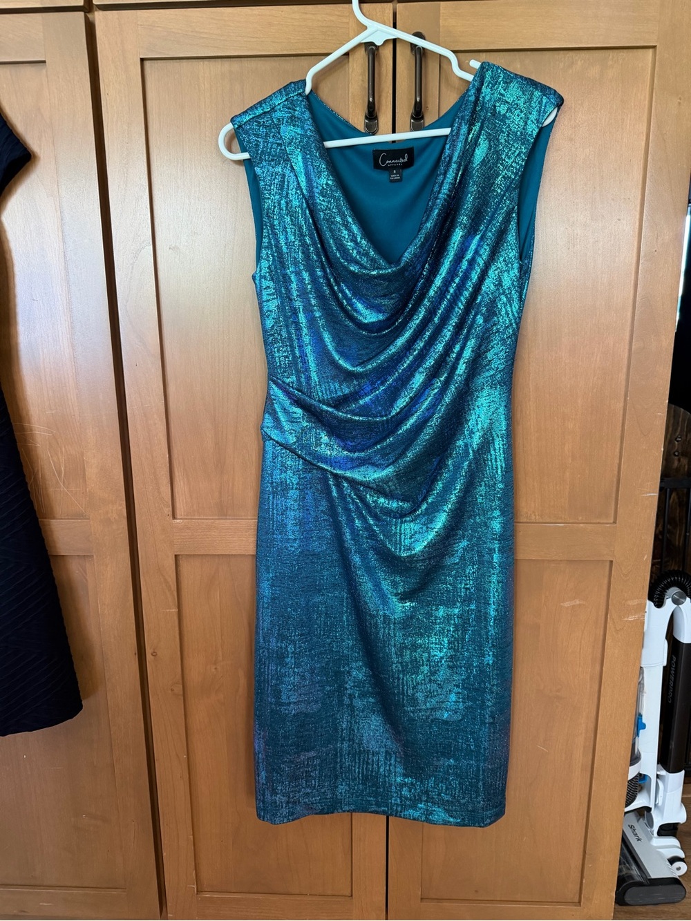 connected apparel Metallic Teal Cowl Neck Midi Dress